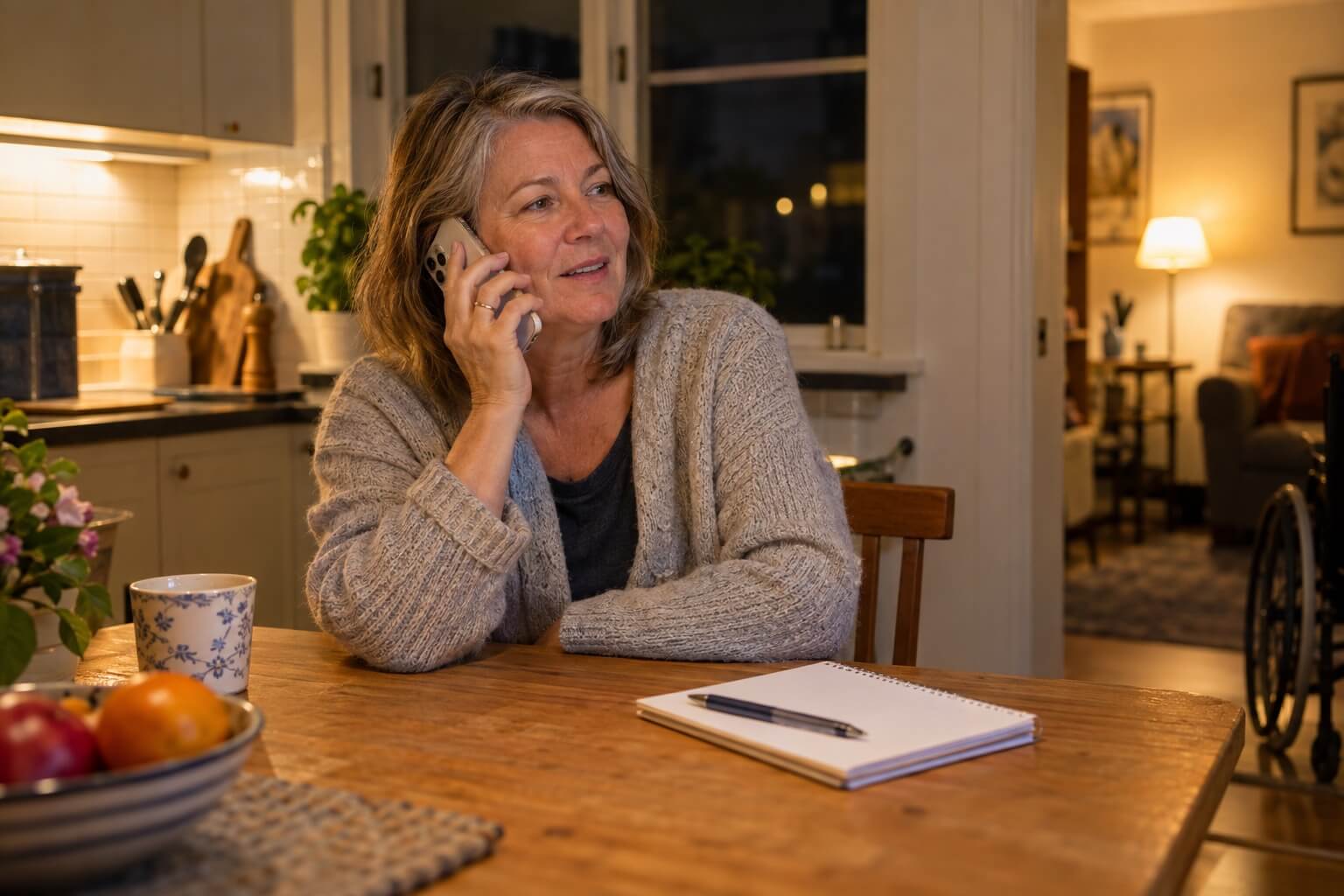 A woman at her kitchen table in the evening, talking on her phone.