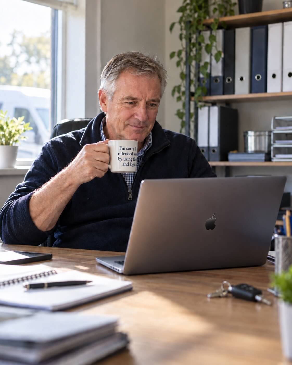 A business owner at his desk in the morning, reading his laptop with a coffee.
