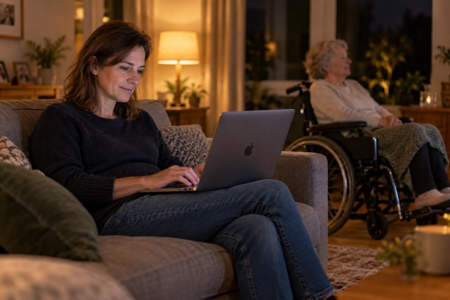 A woman on her sofa at night, typing on a laptop, with an older woman in a wheelchair in the background.